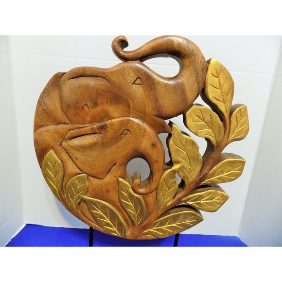 NEW Wood Carved Elephants Statue Sculptures Thai Zen Home Decor - Picture 2 of 5